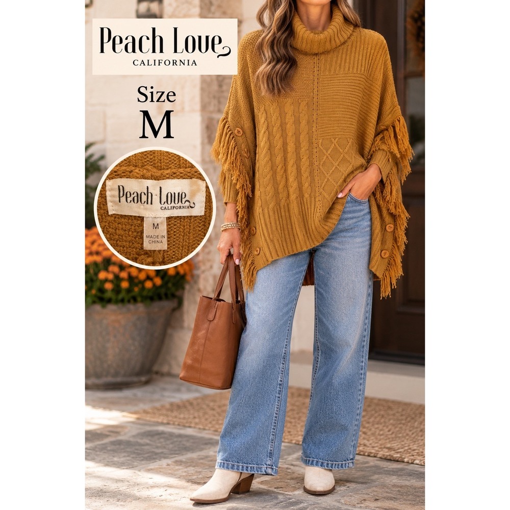 Peach Love California Mustard Yellow Fringe Turtleneck Poncho Sweater Medium